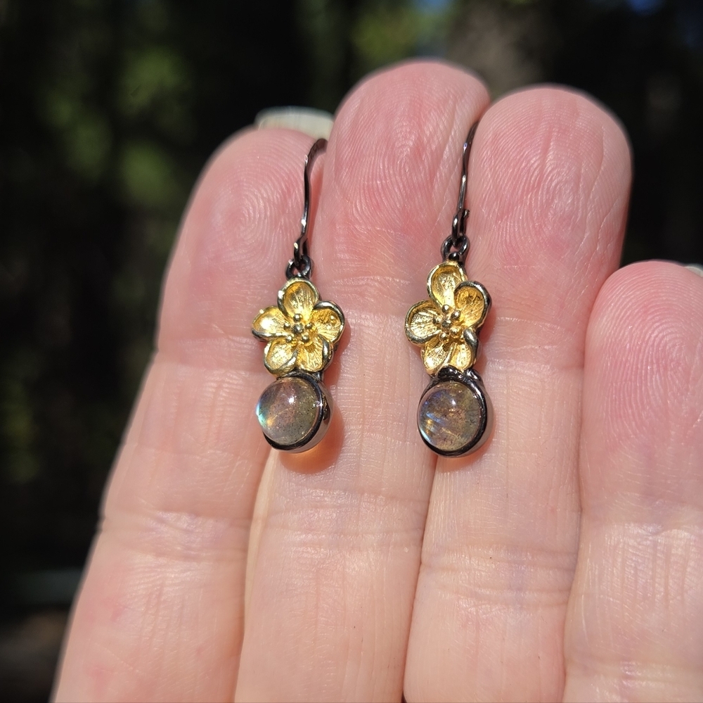 Laboradorite 1k Natural Sterling Rhodium & Gold Cherry Blossom Earrings - Picture 3 of 10